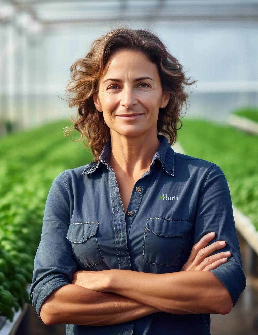A woman with wavy brown hair stands confidently in a greenhouse, arms crossed, wearing a blue shirt with a Horti logo. Rows of green plants stretch out behind her in the bright, natural light.