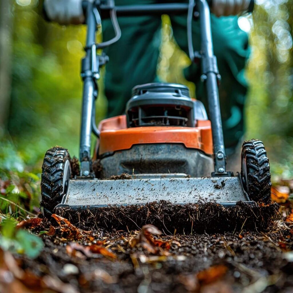 A person in green work clothes and white gloves operates an orange lawn mower, cutting through grass and leaves in an outdoor, wooded area. The photo is taken from ground level, emphasizing the mower’s front.