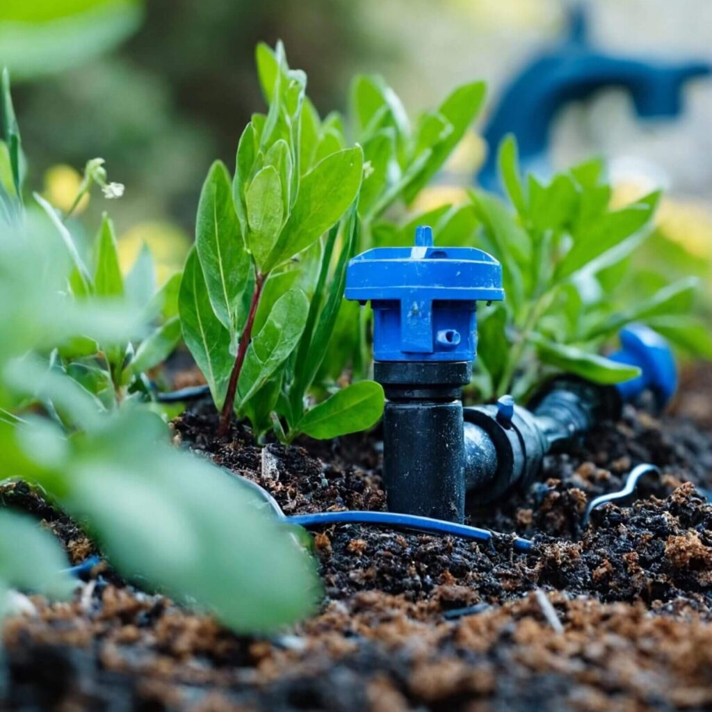 Close-up of a drip irrigation system watering green plants in a garden, with moist soil and a blue emitter head visible among the foliage.