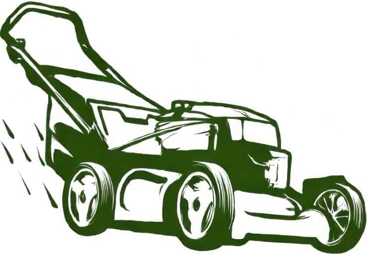 A green and white stylized illustration of a push lawn mower, shown at an angle with lines suggesting movement as if its being pushed forward.