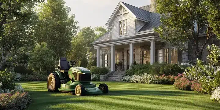 A green riding lawn mower sits on a neatly mowed lawn in front of a large, charming house surrounded by lush trees and flower beds on a sunny day.