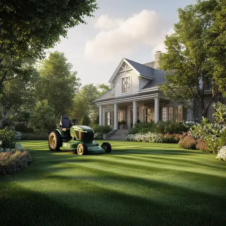 A green riding lawn mower sits on a neatly mowed lawn in front of a large, charming house surrounded by lush trees and flower beds on a sunny day.