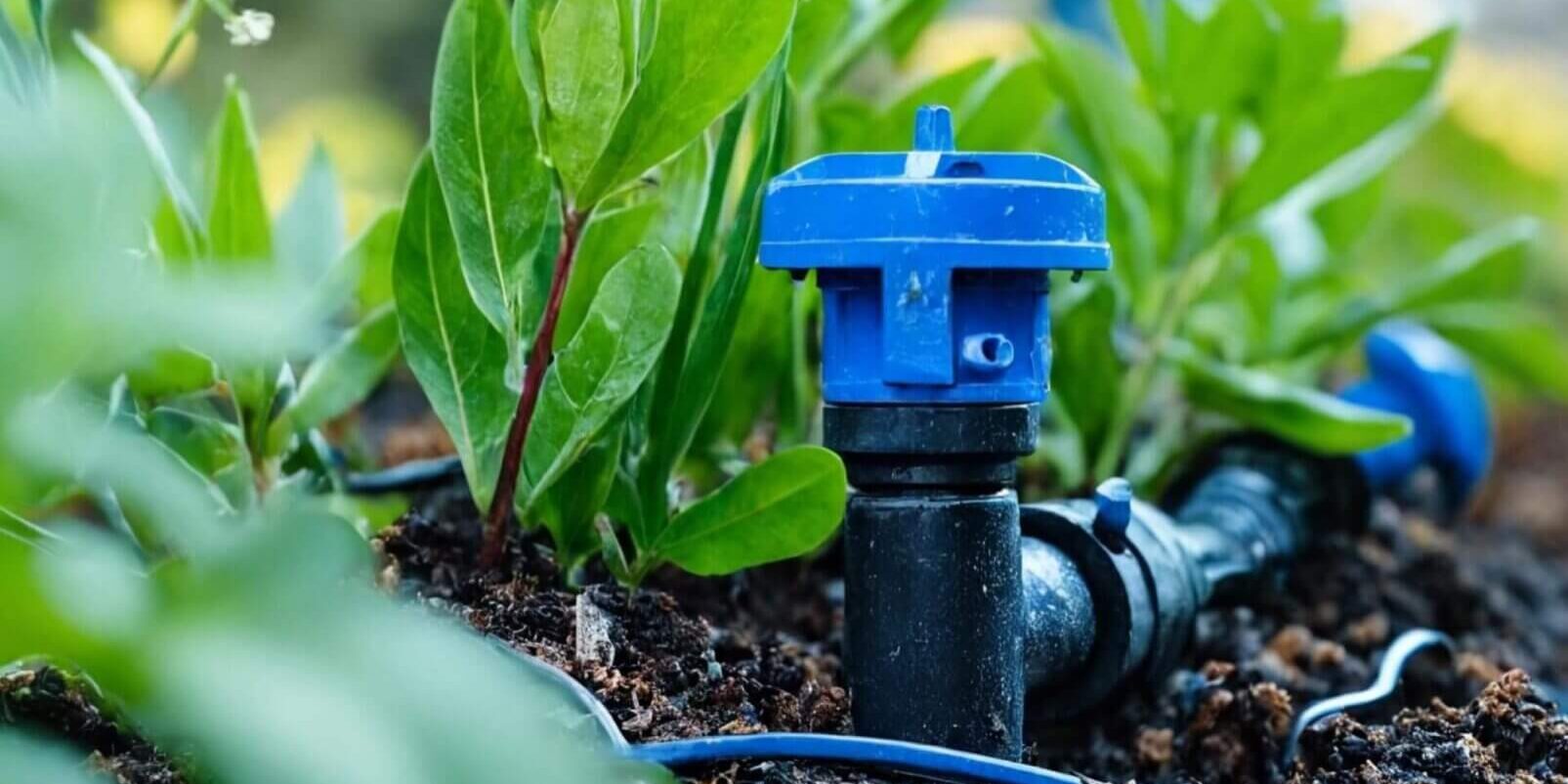 Close-up of a drip irrigation system watering green plants in a garden, with moist soil and a blue emitter head visible among the foliage.