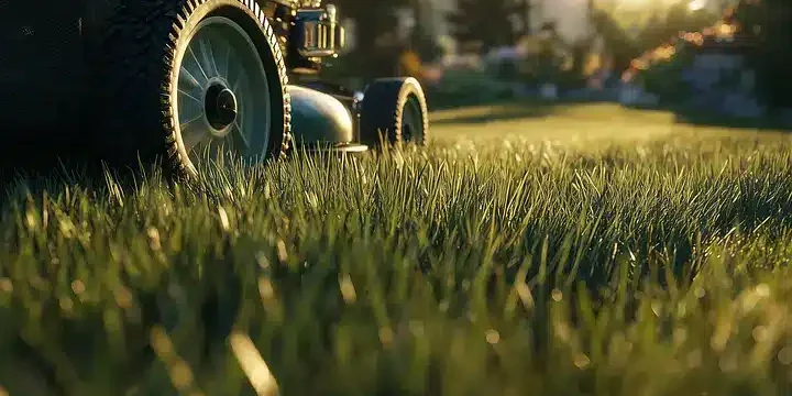 A close-up of a lawn mower on green grass in a sunlit yard, with trees and warm sunlight in the background, suggesting early morning or late afternoon.