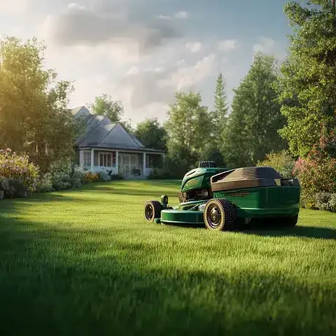 A green riding lawn mower sits on a freshly cut lawn in front of a house surrounded by trees and sunlit gardens on a clear day.